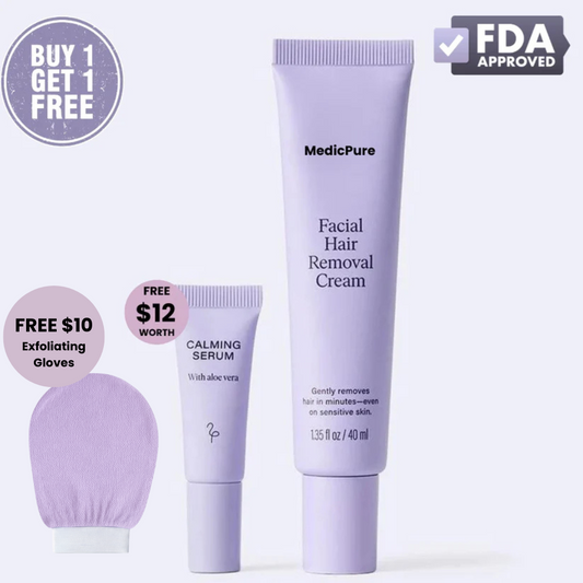 Facial Hair Removal Cream + FREE Calming Serum & FREE Exfoliating Gloves
